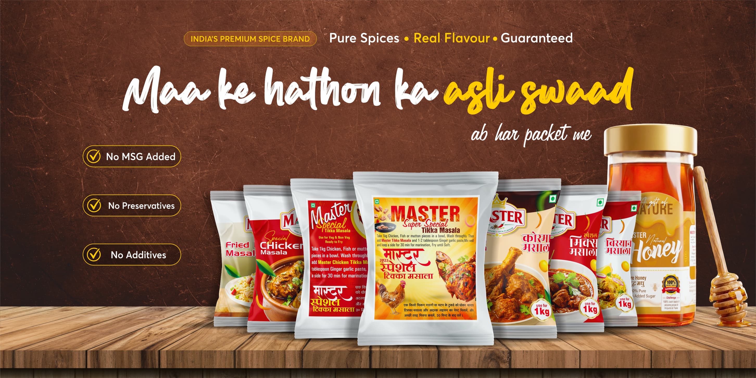 MASTER product lineup. Pure Spices, Real Flavour, Guaranteed. Maa ke haathon ka asli swaad, ab har packet me. No MSG Added, No Preservatives, No Additives.