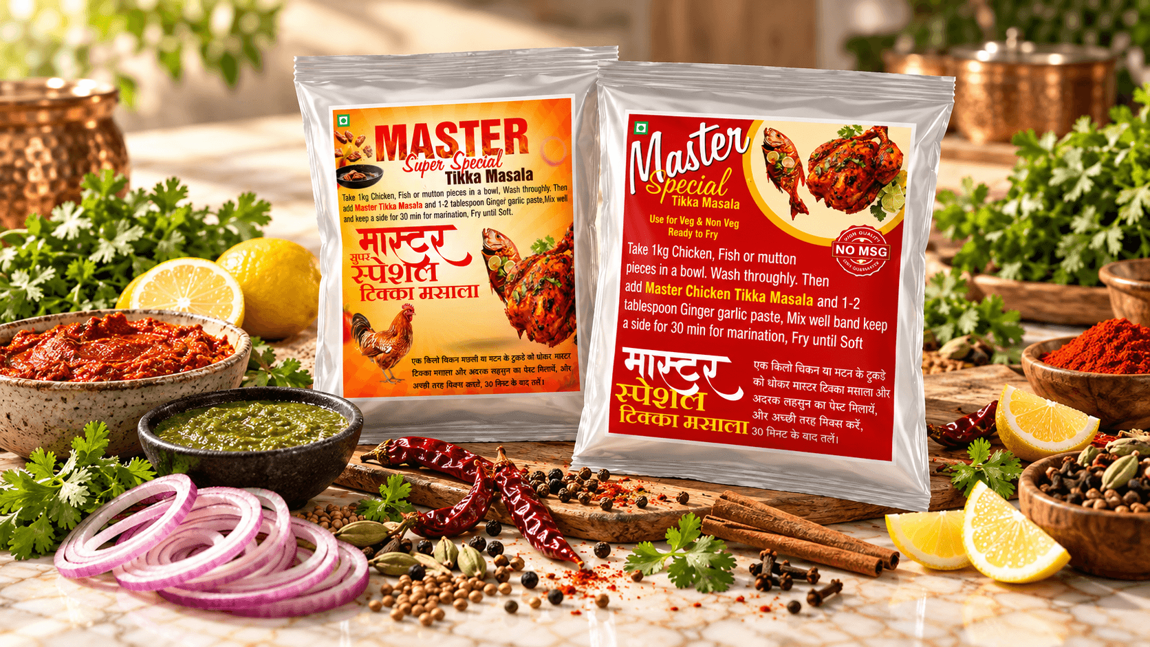 Master Super Special and Special Tikka Masala pouches with tikka dishes